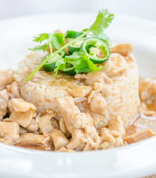 Chicken with brown sauce on rice — Stock Photo, Image