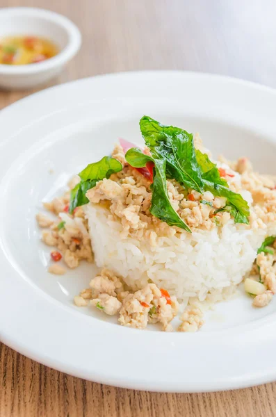 Pollo frito picante con albahaca y arroz —  Fotos de Stock