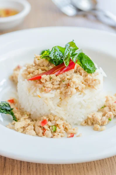 ไก่ทอดรสเผ็ดกับโหระพาและข้าว — ภาพถ่ายสต็อก