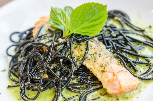 Salmon black pasta — Stock Photo, Image