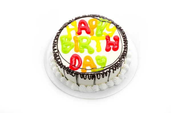 白で隔離される幸せな誕生日ケーキ — ストック写真