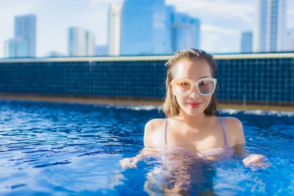 Portrait Beautiful Young Asian Woman Relax Leisure Enjoy Outdoor Swimming — Stock Photo, Image