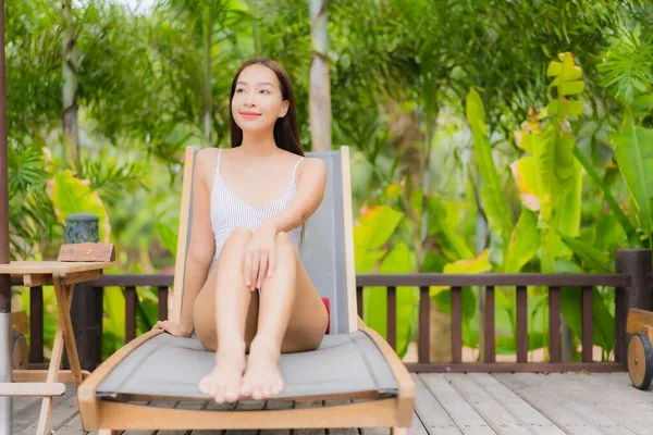 Portrait Beautiful Young Asian Woman Smile Relax Outdoor Swimming Pool — Stock Photo, Image