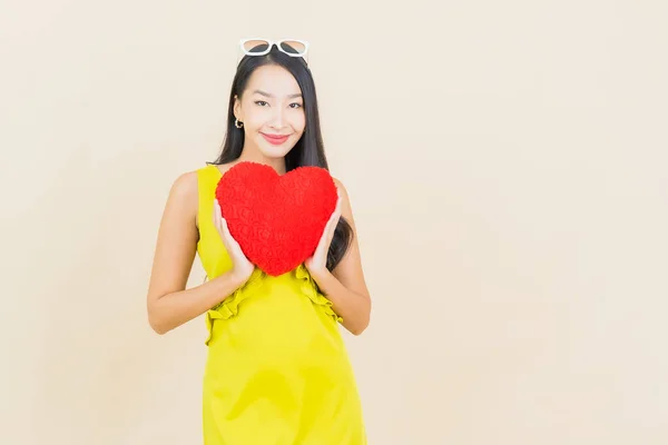 Portrait Beautiful Young Asian Woman Smile Heart Pillow Shape Color — Stock Photo, Image