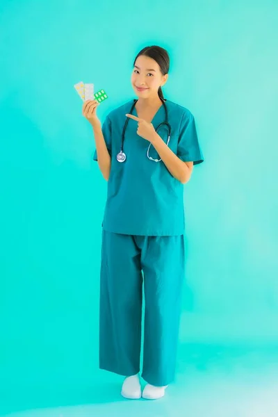 Portrait Beautiful Young Asian Doctor Woman Pill Drug Medicine Blue — Stock Photo, Image