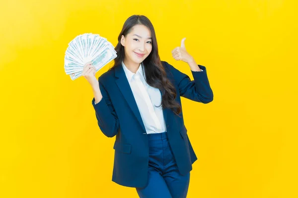 Portrait Beautiful Young Asian Woman Smile Lot Cash Money Color — Stock Photo, Image