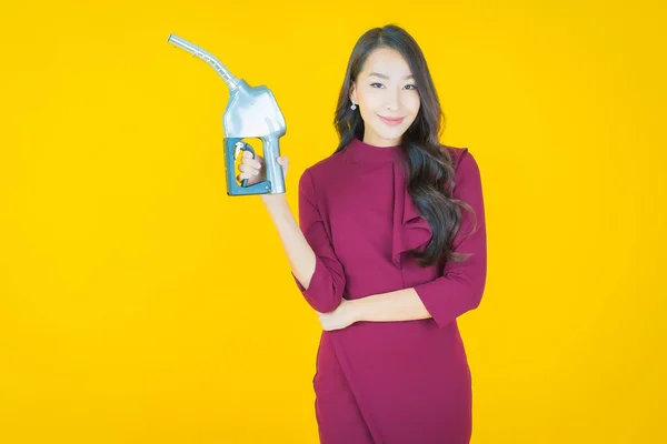 Portrait Beautiful Young Asian Woman Feul Gas Pump Color Background — Stock Photo, Image