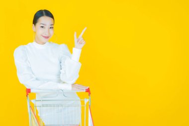 Renkli arka planda süpermarketten alınmış market sepetiyle gülümseyen güzel Asyalı kadın portresi.