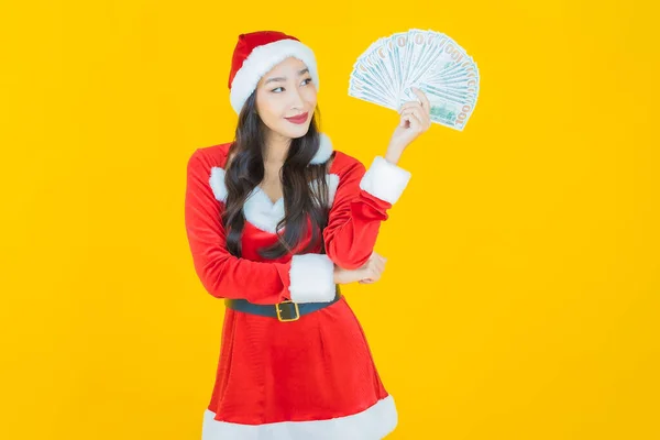 Portrait Beautiful Young Asian Woman Santa Costume Yellow Background — Stock Photo, Image