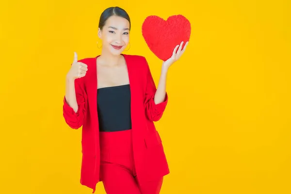 Portrait Beautiful Young Asian Woman Smile Heart Pillow Shape Color — Stock Photo, Image