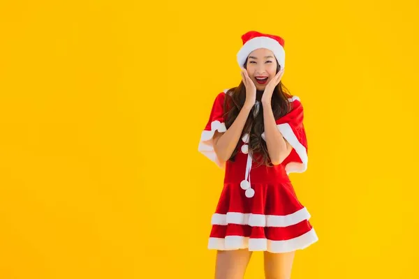 Retrato Bonito Jovem Asiático Mulher Natal Roupas Chapéu Sorriso Feliz — Fotografia de Stock