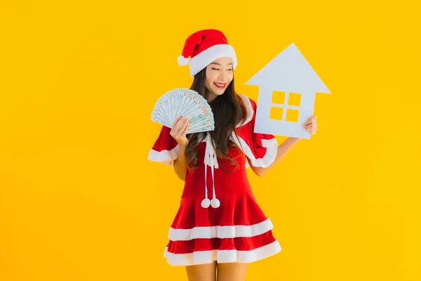 Portrait Beautiful Young Asian Woman Wear Christmas Clothes Hat Show — Stock Photo, Image