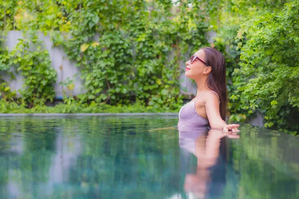 Portrait Beautiful Young Asian Woman Relax Smile Leisure Outdoor Swimming — Stock Photo, Image