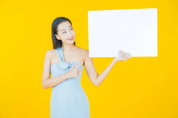Portrait Beautiful Young Asian Woman Empty White Billboard Color Background Stock Photo