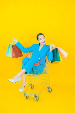 Renkli arka planda süpermarketten alınmış market sepetiyle gülümseyen güzel Asyalı kadın portresi.