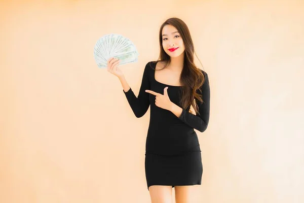 Portrait Beautiful Young Asian Woman Smile Happy Money Cash Color — Stock Photo, Image