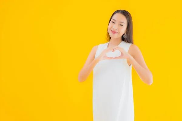 Portrait Beautiful Young Asian Woman Action Yellow Isolated Background — Stock Photo, Image