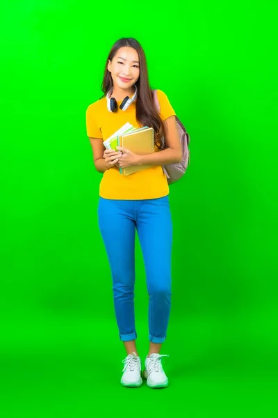 Retrato Bonito Jovem Estudante Asiático Mulher Com Livro Telefone Fone — Fotografia de Stock