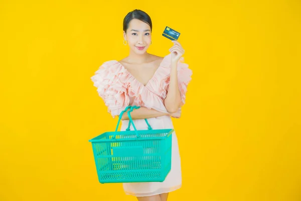 Portrait Beautiful Young Asian Woman Smile Grocery Basket Supermarket Color — Stock Photo, Image