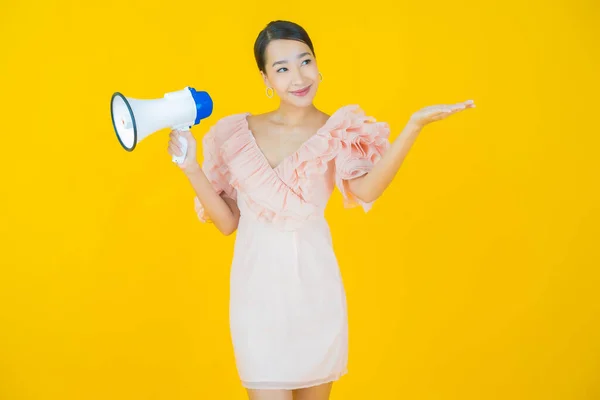 Portrait Beautiful Young Asian Woman Smile Megaphone Color Background — Stock Photo, Image