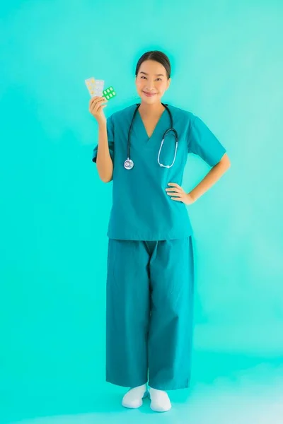 Portrait Beautiful Young Asian Doctor Woman Pill Drug Medicine Blue — Stock Photo, Image