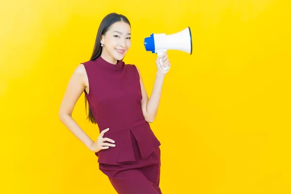 Portrait Beautiful Young Asian Woman Smile Megaphone Color Background — Stock Photo, Image