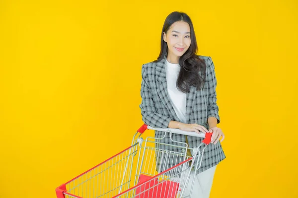 Retrato Bonito Jovem Asiático Mulher Sorriso Com Mercearia Cesta Supermercado — Fotografia de Stock