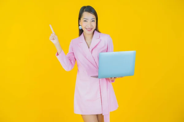 Portrait Beautiful Young Asian Woman Smile Computer Laptop Isolated Background — Stock Photo, Image