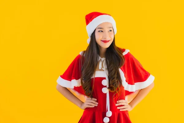 Retrato Bonito Jovem Asiático Mulher Natal Roupas Chapéu Sorriso Feliz — Fotografia de Stock