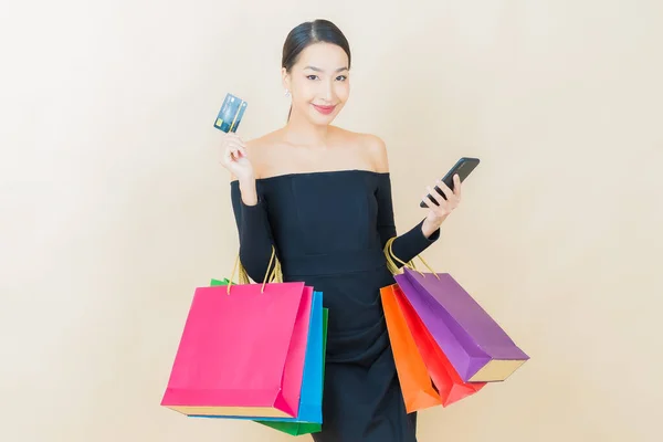 Retrato Bonito Jovem Asiático Mulher Sorriso Com Saco Compras Cor — Fotografia de Stock