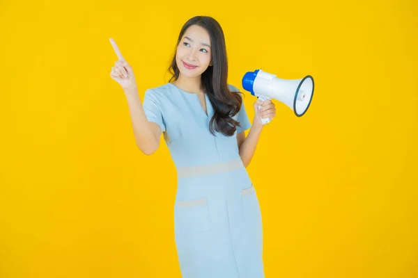 Portrait Beautiful Young Asian Woman Smile Megaphone Color Background — Stock Photo, Image