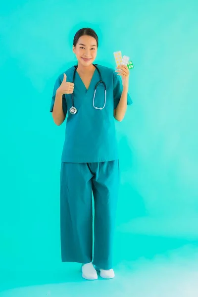 Portrait Beautiful Young Asian Doctor Woman Pill Drug Medicine Blue — Stock Photo, Image