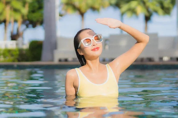 Portrait Beautiful Young Asian Woman Relax Smile Leisure Outdoor Swimming — Stock Photo, Image