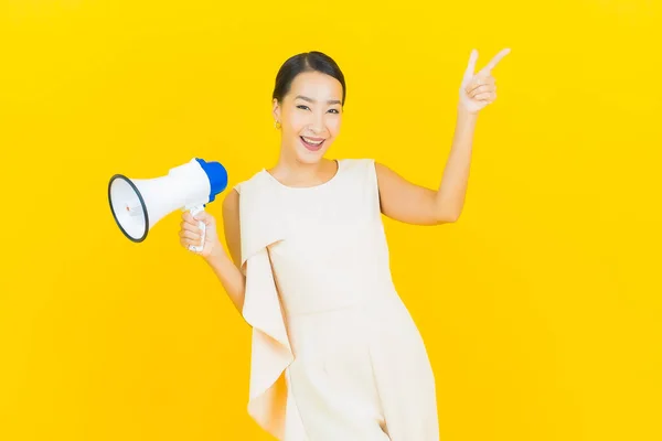 Portrait Beautiful Young Asian Woman Smile Megaphone Yellow Color Background — Stock Photo, Image