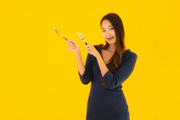 Portrait Belle Jeune Femme Asiatique Avec Cuillère Fourchette Prête Manger — Photo