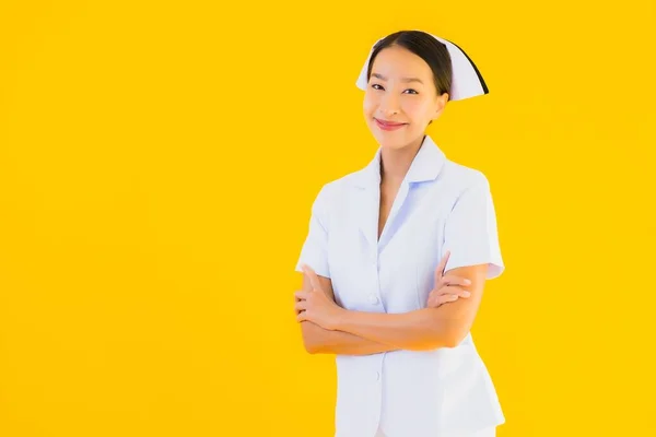 Retrato Hermoso Joven Asiático Tailandés Enfermera Muchos Trabajo Acción Para — Foto de Stock