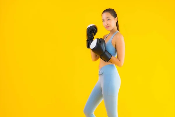 Portrait Beautiful Young Asian Woman Wear Sportwear Boxing Yellow Isolated — Stock Photo, Image