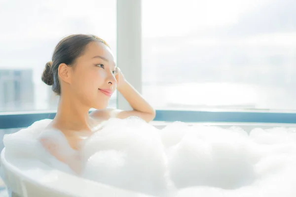 Portrait Beautiful Young Asian Woman Relax Enjoy Bathtub Bathroom Interior — Stock Photo, Image