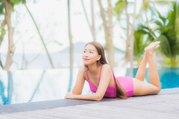 Portrait Beautiful Young Asian Woman Smile Relax Outdoor Swimming Pool — Stock Photo, Image