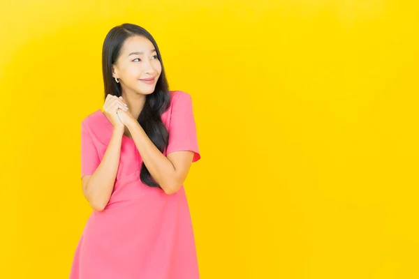 Portrait Beautiful Young Asian Woman Smile Action Yellow Color Background — Stock Photo, Image