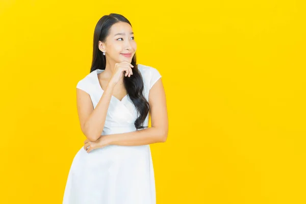 Portrait Beautiful Young Asian Woman Smile Action Yellow Color Background — Stock Photo, Image