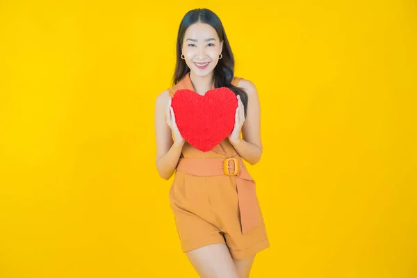 Portrait Beautiful Young Asian Woman Smile Heart Pillow Shape Color — Stock Photo, Image