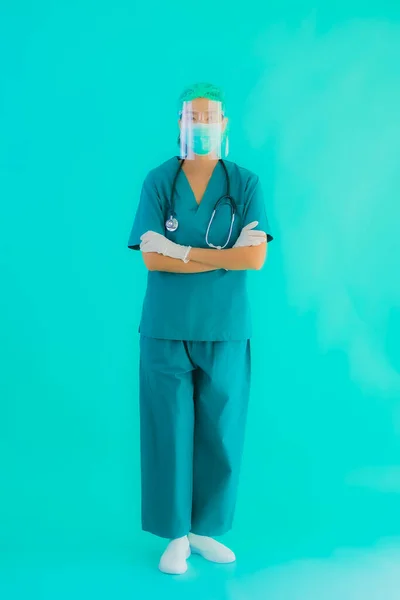 Porträt Schöne Junge Asiatische Ärztin Mit Maske Und Brille Zum — Stockfoto