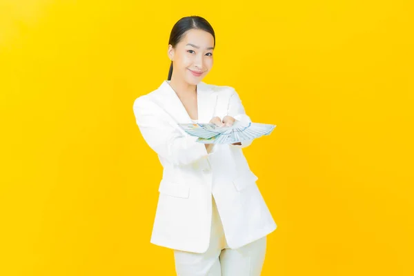 Portrait Beautiful Young Asian Woman Smile Lot Cash Money Color — Stock Photo, Image