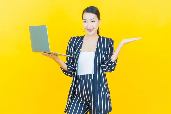 Portrait Beautiful Young Asian Woman Smile Computer Laptop Isolated Background — Stock Photo, Image