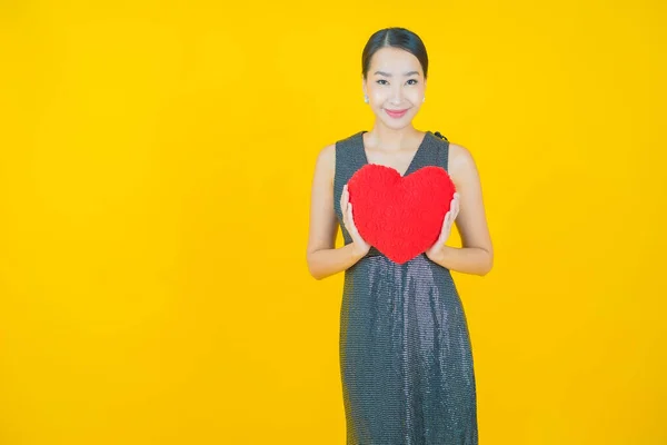 Portrait Beautiful Young Asian Woman Smile Heart Pillow Shape Color — Stock Photo, Image