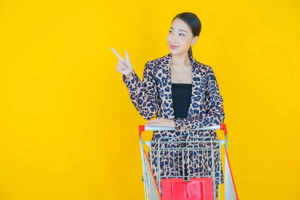 Portrait Belle Jeune Femme Asiatique Sourire Avec Panier Épicerie Supermarché — Photo