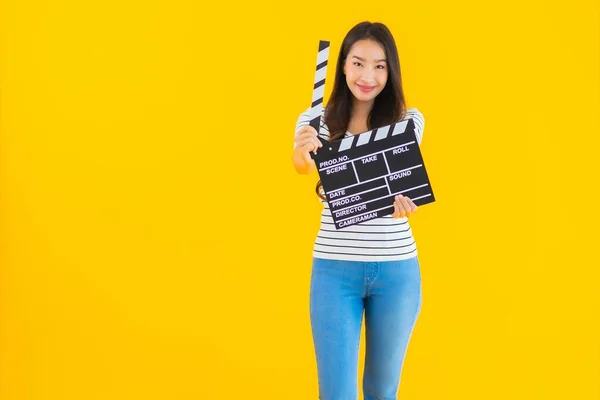 Portrait Beautiful Young Asian Woman Show Clapper Movie Board Yellow — Stock Photo, Image