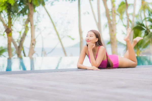 Portrait Beautiful Young Asian Woman Smile Relax Outdoor Swimming Pool — Stock Photo, Image