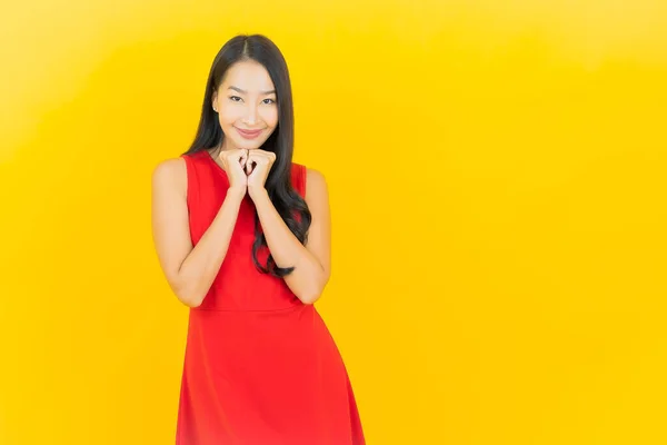 Portrait Beautiful Young Asian Woman Wear Red Dress Smile Action — Stock Photo, Image